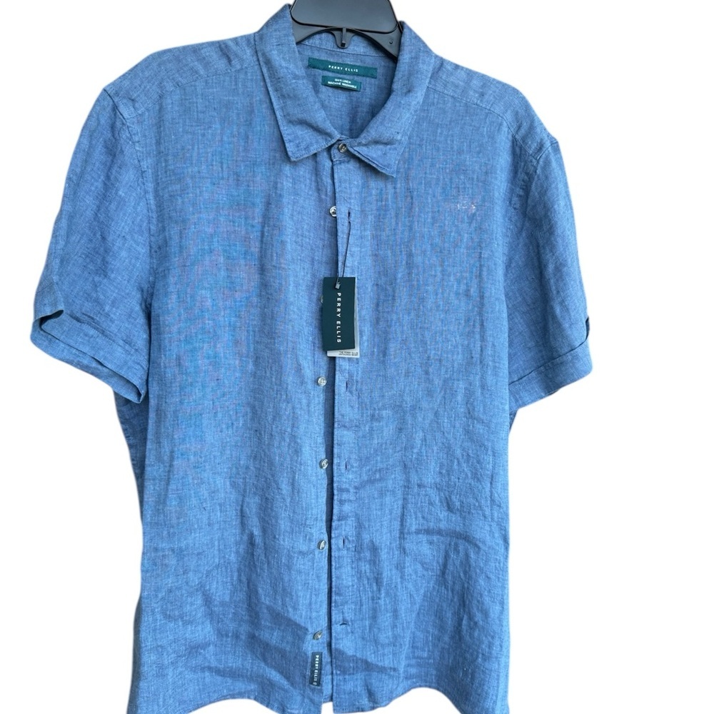 Perry Ellis Linen Blue Mens XL Button Down Short SleeveCoastal Vacation ShirtNWT - Picture 3 of 14